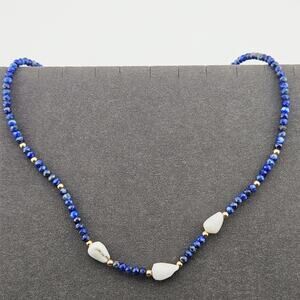 White & Blue Beaded Necklace Faceted Small Rondelle Seed Bead Short 17"
